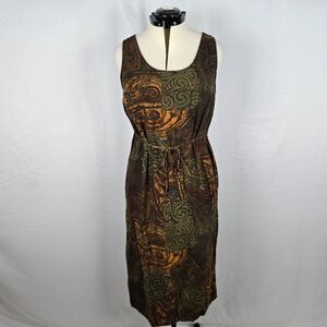 R&K Dress Women's 8P *** Green Brown Tribal Print Sleeveless Split Hem Waist Tie